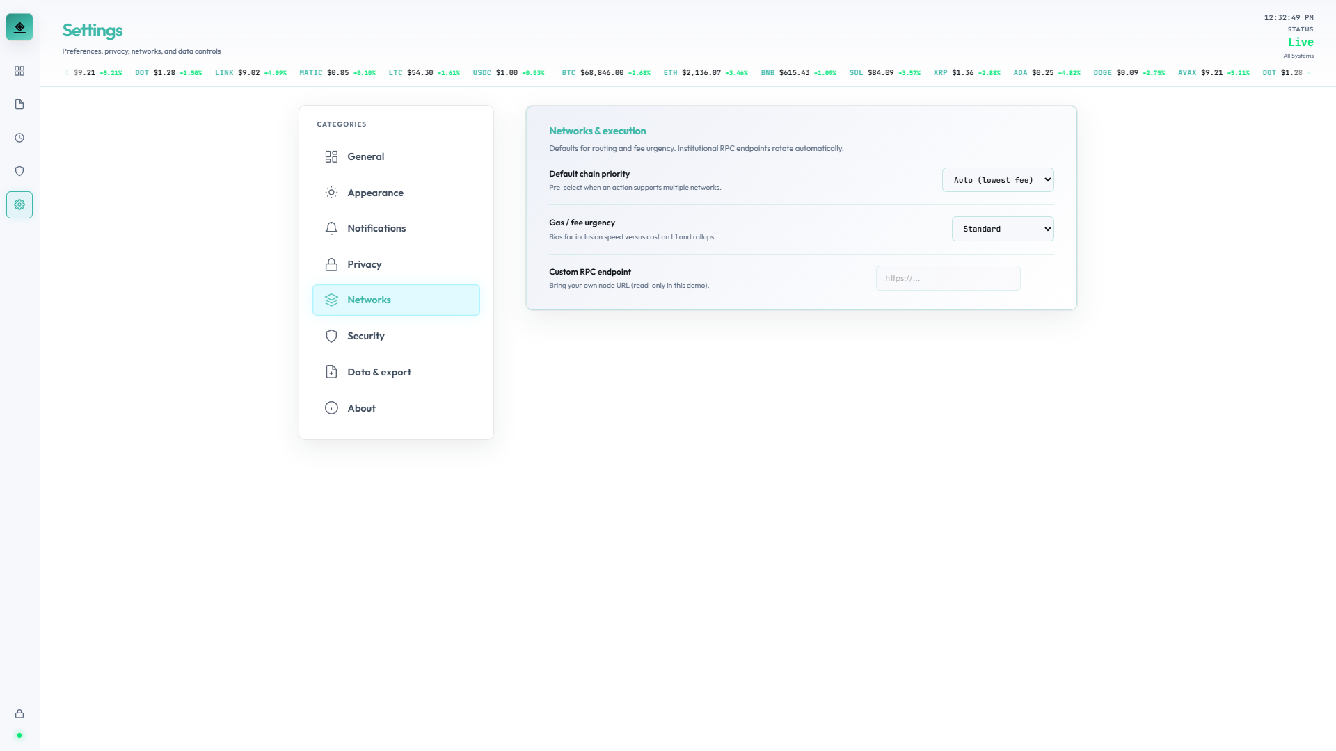 Settings Network, light theme